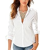 Sexymee Women's V-Neck Long Roll-Up Sleeve Casual Shirt Blouse Top, White, Medium