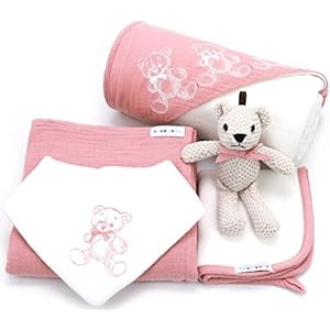 Newborn Baby Gift Basket Set – Shower Gift for Girls. 5 Piece Set. Large Hooded Baby Towel, Washcloth, Cotton Swaddle…