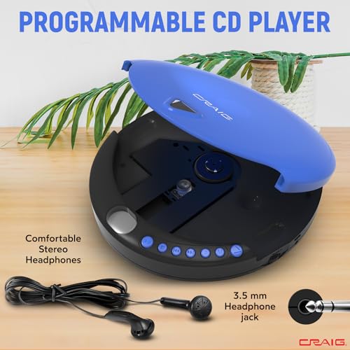 Craig CD2808-BL Personal CD Player with Headphones in Blue and Black | Portable and Programmable CD Player | CD/CD-R Compatible | Random and Repeat Playback Modes |