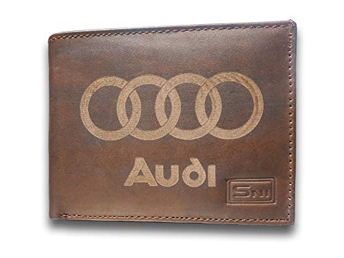Audi Logo Genuine Cowhide Leather Laser Engraved Engraving Mens Large Capacity Luxury Wallet Purse Minimalist Sleek and Slim Brown Card Holder Organizer 14 Pockets
