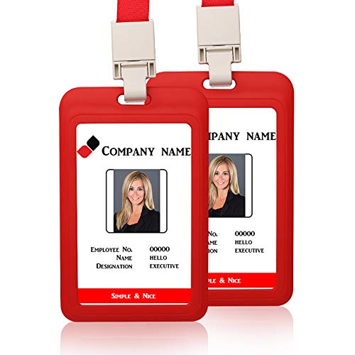 2PCS ID Badge Holder Vertical with Detachable Lanyard Neck Strap Name Tag ID Card Holder (Red)