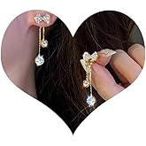 Andelaisi Boho Crystal Bow Ear Jacket Earrings Vintage Crystal Tassel Chain Drop Earrings Gold Crystal Bow Studs Earrings Bling Cz Bow Front Back Earrings Jewelry for Women
