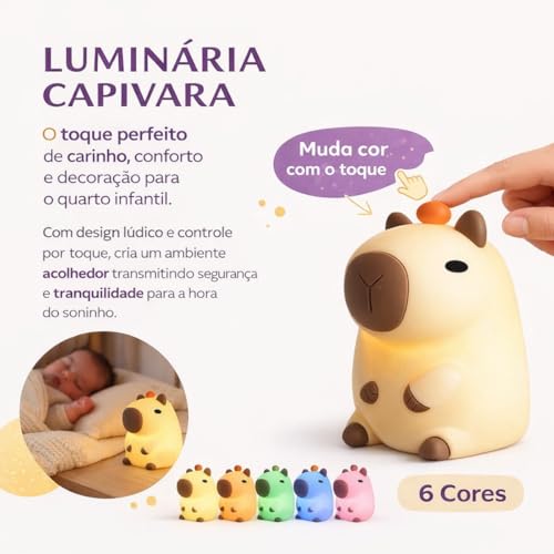 Luminária de Silicone Capivara LED Touch RGB, Bateria Recarregável USB com Intensidade de Luz Controlável no Toque e Temporizador Automático - Decoração Ideal para Crianças - Qualidade Premium LNSTORE