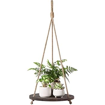 Dahey Hanging Plant Shelf Round Wood Rope Hanging Floating Shelf Vintage Home Decor Display Planter Rack for Living Room Bedroom Kitchen, Dark Brown