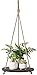Dahey Hanging Plant Shelf Round Wood Rope Hanging Floating Shelf Vintage Home Decor Display Planter Rack for Living Room Bedroom Kitchen, Dark Brown
