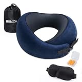 HOMCA Travel Pillow - 100% Pure Memory Foam Neck Pillow for Airplane, Adjustable Comfortable Flight Pillow for Sleeping, 360º Head Neck and Chin Support with Storage Bag, Sleep Mask, Earplugs,Blue