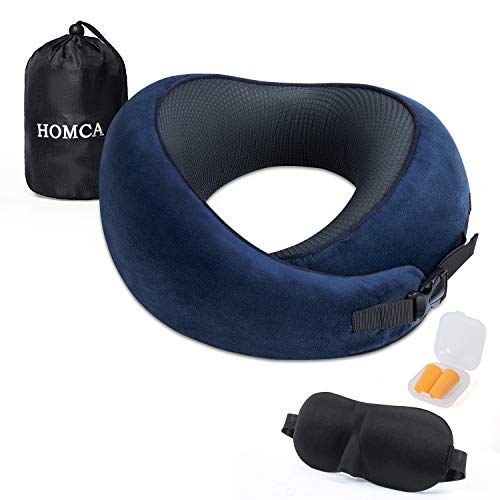 HOMCA Travel Pillow - 100% Pure Memory Foam Neck Pillow for Airplane, Adjustable Comfortable Flight Pillow for Sleeping, 360º Head Neck and Chin Support with Storage Bag, Sleep Mask, Earplugs,Blue