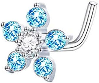 Sterling Silver CZ Flower L Shaped Nostril Rings Piercing Jewelry