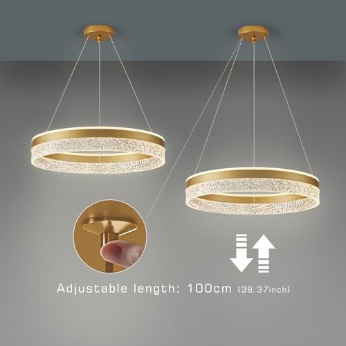 KSIBNW Dimmable LED Pendant Chandelier, Modern Chandelier Bedroom Living Room Adjustable Round Diameter 50 cm Acrylic Metal Pendant Light Gold Hanging Kitchen Lights, 3000 K/4000 K/6000 K