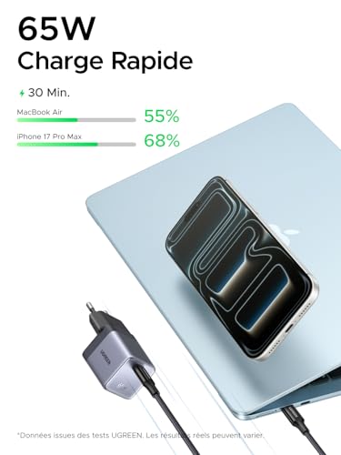 UGREEN Nexode Air 65W Chargeur USB C Rapide GaNInfinity avec Câble Compatible avec iPhone 17 Pro Max 16 Plus 15 14 13 12 Galaxy S26 S25 S24 Pixel 10 9 iPad MacBook Neo Air Pro M5 M4 M3 M2 M1 (Gris)