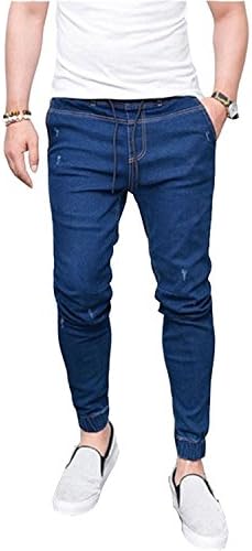 WIFORNT Men's Casual Stretch Ripped Denim Drop Crotch Elastic Waist Drawstring Slim Fit Joggers Jeans