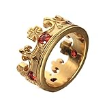 Oakky Men's Women's Stainless Steel Retro Royal King Crown Red Gemstone Inlaid Domineering Ring