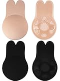 2 Pieces Women Lift Nipplecovers Rabbit Strapless Backless Bra, Self Adhesive Silicone Invisible Bra (Black and Flesh, L)