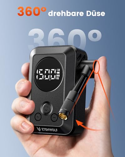 ETENWOLF Elektrische Fahrradpumpe,10,34 BAR Tragbare Reifenpumpe mit Presta und Schrader Ventil für Mountainbike,Rennrad,Motorrad,Ball,Schnellbefüllung&Auto-Stopp Luftpumpe mit Manometer