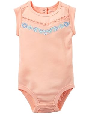 Girl Cap Sleeve Embroidered Bodysuit; Peach (18M