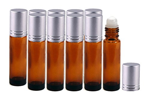 Perfume Studio GLASS BALL ROLLER - 10ml Amber Glass Roller Bottles with Aluminum Silver Cap and Frosted Glass Ball Applicator (10, Glass Ball)