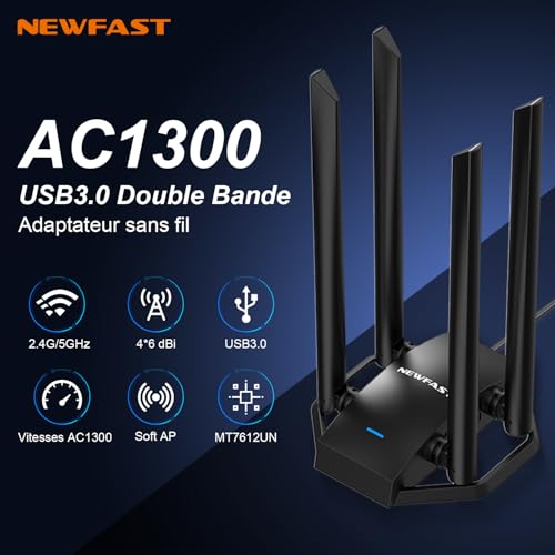 NEWFAST AC1300Mbps WiFi Stick for PC U329, Powerful Dual Band 5G/2.4G WiFi Stick USB 3.0, MU-MIMO, USB Wi-FI Adapter with 4 6dBi Antenna, Compatible with Windows XP/7/8/8.1/10/11
