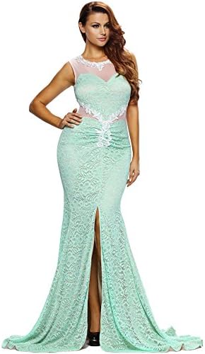 Cohaco Women's Big Heart Back Ribbon Lace Long Party Dress Ball Gown with Groves (Medium, Mint Green)