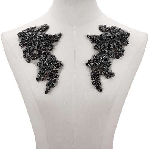 CABODYALS 2Pcs Black Lace Bead Applique Embroidery Floral Handmade Glass Rhinestone Appliques Organza Beaded Sew On Vintage Neckline Patches for Sewing Clothing Accessories Dresses Costumes Decor Diy