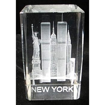 New York Souvenir NYC Skyline 3D Clear Crystal Laser Etched Glass Paperweight with Statue of Liberty Empire State Building World Trade Center Large Size 3