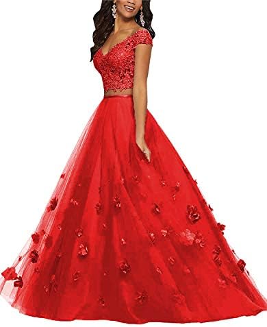 Pettus Women's Two Pieces Lace Prom Dresses Long Sequins Off-The-Shoulder Evening Party Gowns P688
