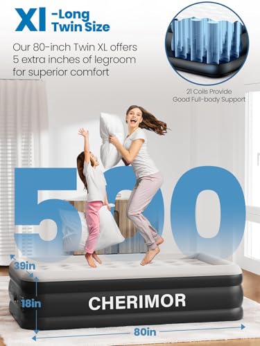 CHERIMOR Twin XL Air Mattress with Built-in Pump, 18" Raised Comfort, 80“ Length, 48Hr Leak-Proof Test, Upgraded Honeycomb Pillar Design, Supports 500 lbs, 2-Min Inflation for Home, Guests & Camping