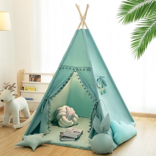 RONGFA Teepee Tent for Kids with Mat, Star Lights, Carry Case, Cotton Canvas Playhouse, Foldable Tents, Portable Children Play Tent Indoor Outdoor (Jewelry Blue)
