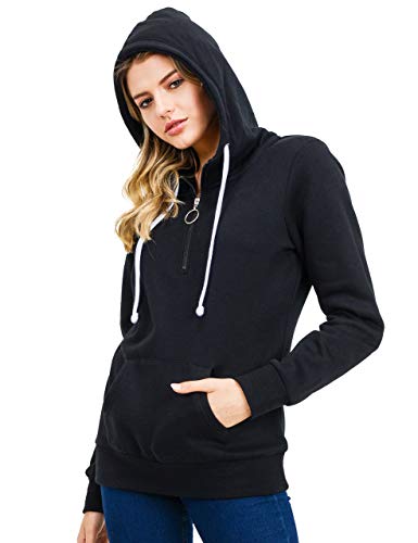 esstive Women's Ultra Soft Fleece Midweight Casual Solid 1/4 Zip-Up Pullover Hoodie Sweatshirt, Black, Small