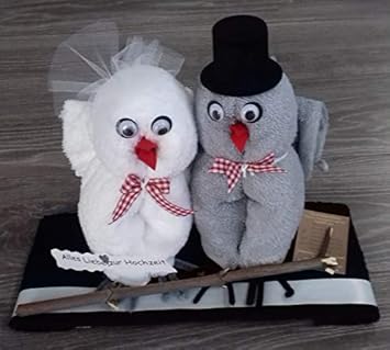 Frotteebox Geschenk Set Eulenpaar aus 2X Handtuch (100x50cm) 1x Gästetuch (50x30cm) und 2X Waschhandschuh grau/weiß geformt