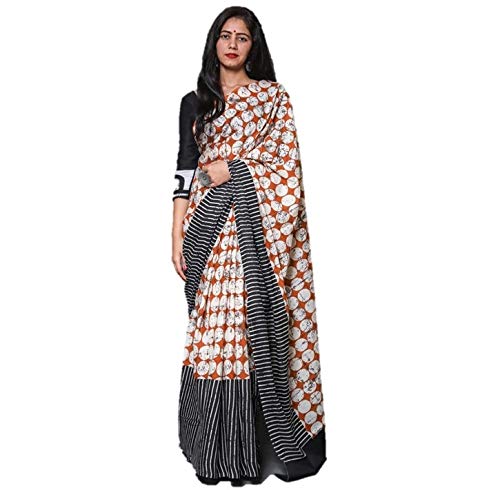 Orange Colour Cotton Hand Block Printed Saree