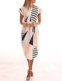 Vestidos casuales de mujer LOMON Vestido a media pierna con cuello en V geométrico floral de verano con cinturón