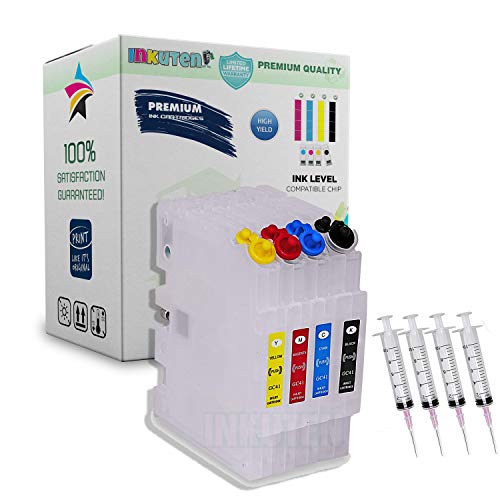 INKUTEN 4 Refillable Cartridges for RICOH GC-41 GC41 GC41K GC41C GC41M GC41Y with Auto Reset Chips (Empty) 100% Compatible with Sublimation Ink Heat Press Ink