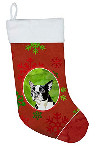 Caroline's Treasures SC9400-CS Boston Terrier Red Green Snowflakes Christmas Christmas Stocking Fireplace Hanging Stockings Christmas Season Party Decor Family Holiday Decorations at Amazon