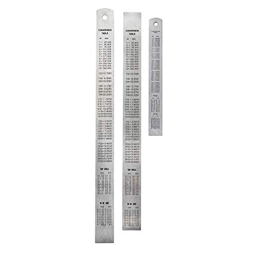 Breman Precision 3-pc Steel Ruler Set I 6 Inch and 2-pc 12 Inch Stainless Steel Straight Edge Rulers with Inch and Metric Graduations I Handy Conversion Table | for Home School Office Engineering