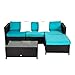 Peach Tree 5 PCs Outdoor Furniture Sectional Sofa with Ottoman and Glass Table Set Patio Black PE Rattan Wicker Sofa with Turquoise Cushions
