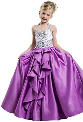 2017 Halter Floor Length Ball Gown Dress For Girls With Beading Lalic/White Child9 Size