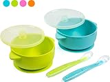 Silicone Baby Bowls Dishwasher/Microwave Safe Non-Slip for Babies/Toddlers/Kids Includes 2 Bowls 2 Soft Spoons and 2 lids BPA Free (Green & Blue)