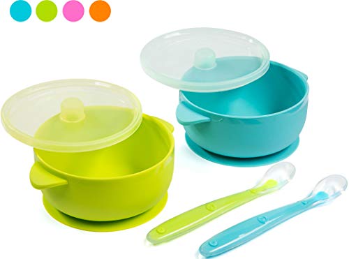 Silicone Baby Bowls Dishwasher/Microwave Safe Non-Slip for Babies/Toddlers/Kids Includes 2 Bowls 2 Soft Spoons and 2 lids BPA Free (Green & Blue)