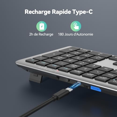 TECKNET Ultra-Thin Rechargeable Wireless Keyboard, 3 Channel Multi-Device Bluetooth Keyboard, Silent Soft Keyboard, Compatible with Mac OS and Windows, Stable Connection and Long Battery Life