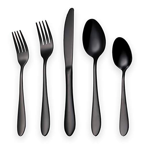 HOMQUEN 20-Piece Silverware Set Service for 4, 18/10 Stainless Steel (420 Blade) Cutlery Set, Black Titanium Dinnerware Set Tableware Set Dishwasher Safe(Shiny Black-20 Piece)