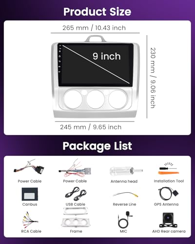 Inefala 4+64G Android 15 Stereo for Ford Focus 2004-2011 with Wireless Carplay and Android Auto, 9'' Radio Screen with Bluetooth 32EQ GPS FM/RDS SWC AHD Reverse Camera