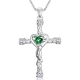 VANAODUC Birthstone Cross Necklace for Women, Heart Cross 14K Gold /18K White Gold /Rose Gold Womens Pendant Necklace I Love You Jewelry Anniversary Birthday Christmas Gifts for Her Mom Wife Girlfriend