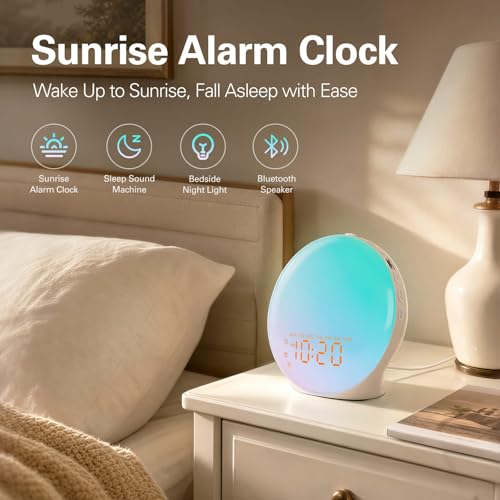 Wake Up Light Sunrise Alarm Clock for Bedroom, 17 Nightlights, Sound Machine with 5W Bluetooth Speaker, 25 Soothing Sounds, SleepTimer, Dual Alarms, FM Radio, Ideal Gift for Baby, Kids, Adults, Senior