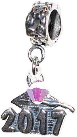 Graduation Cap 2017 July Ruby Birthstone Sterling Silver Dangle Charm