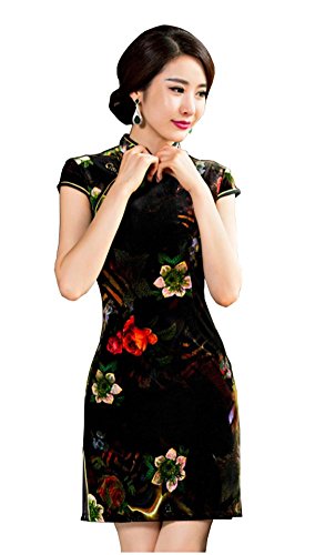 Angcoco Women's Cap Sleeve Flowers Printed Velvet Mini Cheongsam Dress