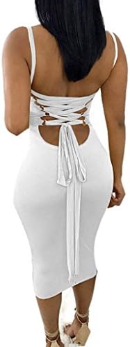 Olaron Women Sexy Spaghetti Strap Lace up Back Hollow Backless Nightclub Party Midi Dress White Medium