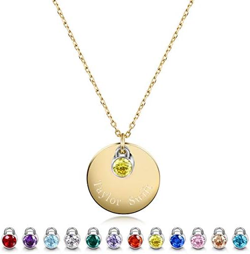 JINBAOYING Birthstone Name Necklace Stainless Steel Polished with Engravable Round Disc Initial Name Necklace Pendant Diameter - 20mm (0.78'')
