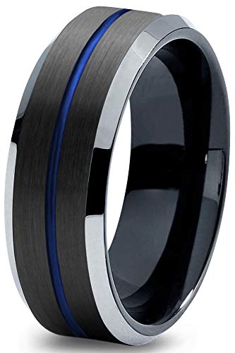 Chroma Color Collection Tungsten Wedding Band Ring 8mm for Men Women Green Red Blue Purple Black Grey Center Line Bevel Edge Brushed Polished