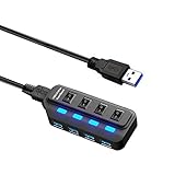 WOVTE 4 Ports USB 3.0 Hub with Individual Power Switches and LEDs included 5V/2A Power Adapter for PC Computer Laptop Black