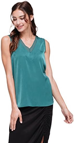 Pleione Sleeveless V Neck Pleated Blouse Top With Mesh Lining HUNTERGREEN L